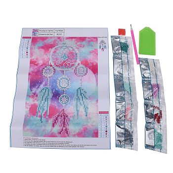 5D DIY Diamond Painting Canvas Kits For Kids, with Resin Rhinestones, Diamond Sticky Pen, Tray Plate and Glue Clay, Woven Net/Web with Feather, Mixed Color, 35x25cm