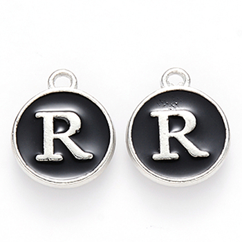 Platinum Plated Alloy Charms, Cadmium Free & Lead Free, with Enamel, Enamelled Sequins, Flat Round with Letter, Letter.R, 14x12x2mm, Hole: 1.5mm