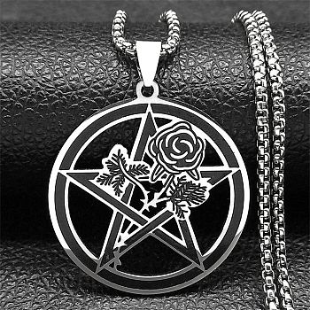 304 Stainless Steel Rose Flowre Pentagram Pendant Box Chain Necklaces, Stainless Steel Color, 19.69 inch(50cm)