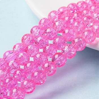 Spray Painted Crackle Glass Beads Strands, Round, Hot Pink, 8mm, Hole: 1.3~1.6mm, about 100pcs/strand, 31.4 inch