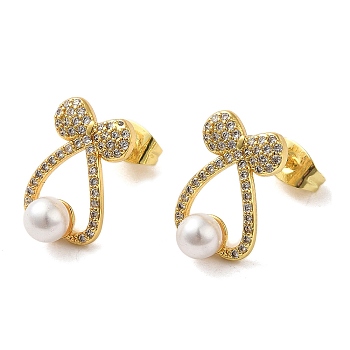 Bowknot Brass Micro Pave Clear Cubic Zirconia Stud Earrings, with Imitation Pearl for Women, Real 16K Gold Plated, 15x10mm