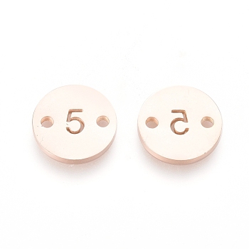 Numbers 304 Stainless Steel Links, Laser Cut, Vacuum Plating, for Craft Jewelry Making, Flat Round with Num.5, Rose Gold, Num.5, 10x1mm, Hole: 1.4mm