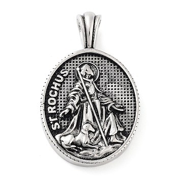 304 Stainless Steel Pendants, Oval with ST ROCHUS Charm, Antique Silver, 44.5x27x5mm, Hole: 5x5.5mm