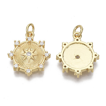 Brass Micro Pave Cubic Zirconia Pendants, with Jump Rings, Nickel Free, Flat Round with Star, Clear, Real 16K Gold Plated, 18x15.5x3mm, Hole: 3mm