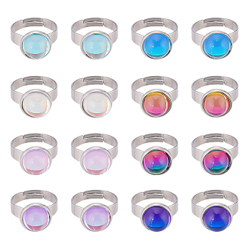 DICOSMETIC 16Pcs 8 Colors Half Round K9 Glass Adjustable Ring, Stainless Steel Color Plated 304 Stainless Steel Jewelry for Women, Mixed Color, US Size 6 1/4(16.7mm), 2Pcs/color