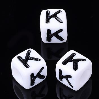 Letter Acrylic Beads, Cube, White, Letter K, Size: about 7mm wide, 7mm long, 7mm high, hole: 3.5mm, about 2000pcs/500g