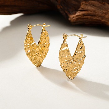 304 Stainless Steel Textured Leaf Hoop Earrings for Women, Golden, 30x28mm