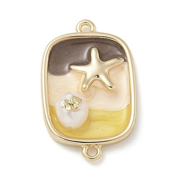 Brass Enamel Rectangle with Starfish Connector Charms, with ABS Imitation Pearl, Real 18K Gold Plated, Yellow, 23x14.5x5mm, Hole: 1.2mm