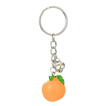 Fruit Resin Pendant Keychain, with Iron Split Key Rings and Bell Charms, Orange, 8cm, pendant: 25x21.5x20.5mm