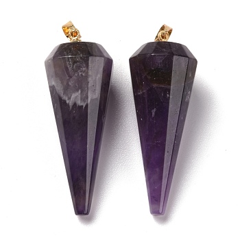 Natural Amethyst Pendants, with Brass Findings, Faceted, 12 Facets Cone/Spike/Pendulum, Real 18K Gold Plated, 42~44x15~16mm, Hole: 3.6x4mm