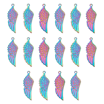 16Pcs 201 Stainless Steel Pendants, Wing, Rainbow Color, 36x13x2mm, Hole: 1.5mm