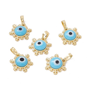 Handmade Evil Eye Lampwork Pendants, with Rack Plating Real 18K Gold Plated Brass Findings, Long-Lasting Plated, Snowflake Charm, Deep Sky Blue, 15x14x4mm, Hole: 4x6.5mm