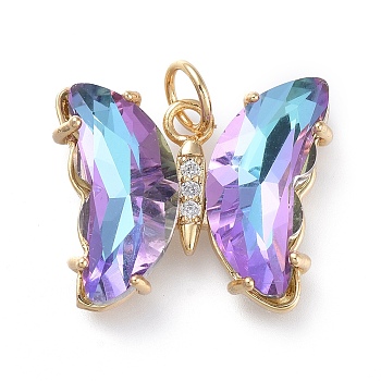 Brass Micro Pave Clear Cubic Zirconia Pendant, with Glass, Butterfly, Golden, Medium Purple, 18mm