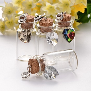 Antique Silver Plated Alloy Glass Bottle European Dangle Charms, with Electroplated Glass Heart Charms, Mixed Color, 60mm, Hole: 5mm