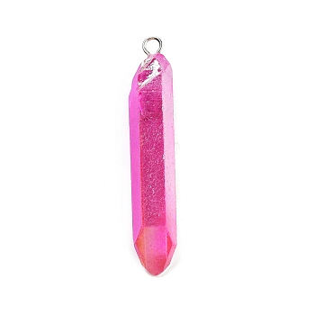 Electroplated Natural Quartz Pendants, with Brass Findings, Bullets, Pointed Pendants, Platinum, Cerise, 40~65x7~15mm, Hole: 3mm