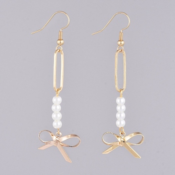 Dangle Earrings, with Glass Pearl Beads, Brass Pendants and Earring Hooks, Bowknot, Real 18K Gold Plated, 70.5mm, Pin: 0.7mm