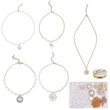 DIY Imitation Pendant Necklace Making Kit, Including Sun & Star & Flower Alloy Pendants with Rhinestone and Plastic Pearl, Iron Chains, Acrylic Pearl Beads, Golden & Light Gold