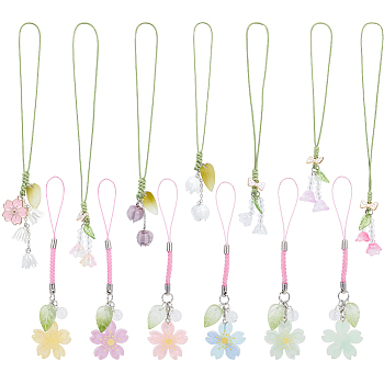 12Pcs 12 Styles Flower Lampwork Pendant Decorations, Nylon Rope Hanging Decoration, Mixed Color, 123~160mm, 1pc/style