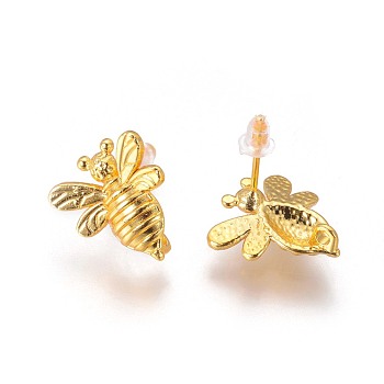 Brass Stud Earring Findings, with Plastic Ear Nuts and Loop, Long-Lasting Plated, Bee, Golden, 15x14x2mm, Hole: 1.5mm, Pin: 0.7mm