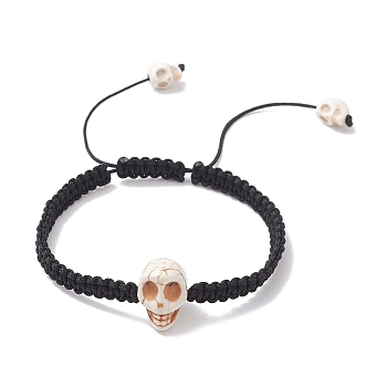 Synthetic Magnesite Skull Braided Bead Bracelets, Adjustable Nylon Cord Bracelets for Women Men, Black, Inner Diameter: 1-7/8 inch~3-1/8 inch(4.8~7.8cm)