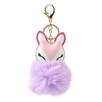 Imitation Rex Rabbit Fur Ball & PU Leather Fox Pendant Keychain, with Alloy Clasp, for Bag Car Pendant Decoration, Lilac, 17cm