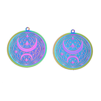 Ion Plating(IP) 304 Stainless Steel Filigree Pendants, Etched Metal Embellishments, Moon with Star, Rainbow Color, 32x30x0.2mm, Hole: 1.5mm