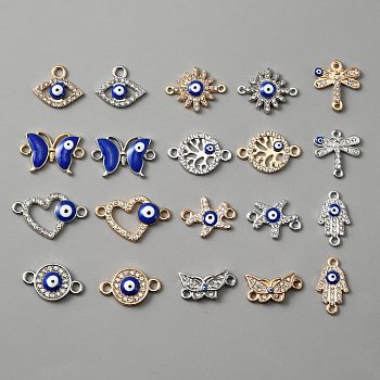 20Pcs 20 Styles Jewelry Making Findings Kits, including Evil Eye Alloy Enamel Connector Charms and Pendants, with Crystal Rhinestones, Flat Round & Flower & Butterfly, Blue, Mixed Shapes, Platinum & Light Gold, 14~24.5x15~16.5x2.53mm, Hole: 2~2.5mm, 1pc/style