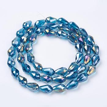 Electroplate Glass Beads Strands, AB Color Plated, Faceted Teardrop, Deep Sky Blue, 15x10mm, Hole: 1mm, 50pcs/strand, 27.1 inch