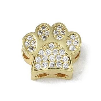 Rack Plating Brass Micro Pave Clear Cubic Zirconia Beads, Long-Lasting Plated, Lead Free & Cadmium Free, Paw Print, Real 18K Gold Plated, 9x10x5.5mm, Hole: 2.5mm