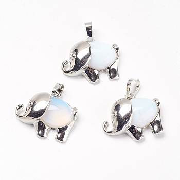 Opalite Pendants, with Brass Findings, Elephant, Platinum, 22.5x27x8mm, Hole: 5x8mm