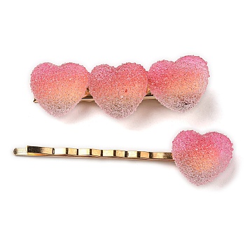 Gradient Heart Resin & Iron Clips Sets, Alligator Hair Clips & Hair Bobby Pins, Hair Accessories for Girls Women, Hot Pink, 49~58x15x12~16mm, 2pcs/set