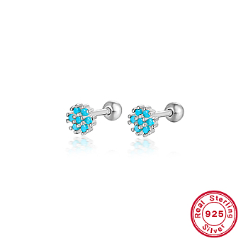 Rhodium Plated Platinum 925 Sterling Silver Flower Stud Earrings, with Cubic Zirconia, Deep Sky Blue, 5mm