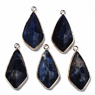 Natural Sodalite Charms, with Golden Plated Brass Edge and Loop, Faceted, Rhombus, 35x17.5x8.5mm, Hole: 2mm(G-Q998-029F)