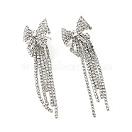 Crystal Rhinestone & Clear Cubic Zirconia Bowknot Tassel Dangle Stud Earrings, Brass Long Drop Earrings with 925 Sterling Silver Pins for Women, Platinum, 62mm, Pin: 0.8mm(EJEW-C037-10P)