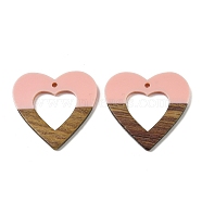 Resin and Walnut Pendants, Heart, Pink, 34x36x3mm, Hole: 1.8mm(WOOD-I013-10A)