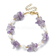 Natural Amethyst Chips & Pearl Beaded Bracelet, with 304 Stainless Steel Clasps, 7-1/4 inch(18.3cm)(BJEW-TA00349-02)
