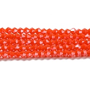 Opaque Solid Color Electroplate Glass Beads Strands, Pearl Luster Plated, Faceted, Bicone, Orange Red, 4x4mm, Hole: 0.8mm, about 87~98pcs/strand, 12.76~14.61 inch(32.4~37.1cm)(GLAA-F029-P4mm-C03)