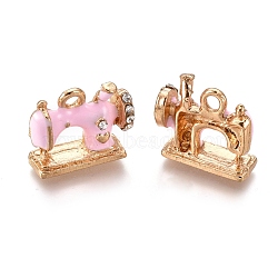 Alloy Pendants, with Enamel and Crystal Rhinestone, Sewing Machine, Golden, Pearl Pink, 13.5x16x6mm, Hole: 2mm(ENAM-I044-03C)