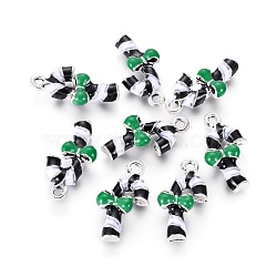 Antique Silver Plated Alloy Enamel Pendants, Candy Cane for Christmas Day, Green, 23x13x5mm, Hole: 2mm(ENAM-J554-02AS)