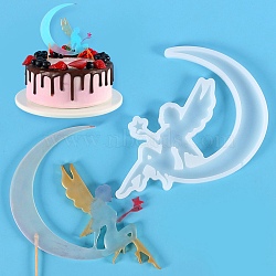 Fairy & Moon Shape Food Grade Silhouette Silicone Lollipop Molds, Statue Fondant Molds, for DIY Edible Cake Topper, Chocolate, Candy, Portrait Sculpture UV Resin & Epoxy Resin Jewelry Making, White, 165x120x6.5mm, Fit for 2mm Stick(DIY-D069-05)