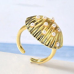 Brass Cuff Rings for Women, Shell Shape, with ABS Imitation Pearl, Rack Plating, Long-Lasting Plated, Lead Free and Cadmium Free, Real 18K Gold Plated, 18.5x21.5mm, Inner Diameter: 18.5mm(RJEW-Q008-09G)