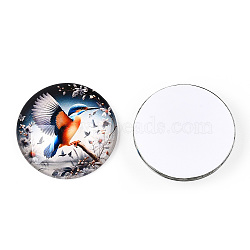 Glass Cabochons, Half Round,, Flower and Bird Pattern, Colorful, 35x9mm(GGLA-T004-09A)