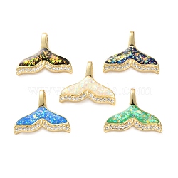 Brass Micro Pave Clear Cubic Zirconia Pendants, Cadmium Free & Lead Free, with Sythetic Opal, Real 18K Gold Plated, Fishtail Charms, Mixed Color, 14.5x18x2.5mm, Hole: 3.5x2mm(KK-S048-05G)
