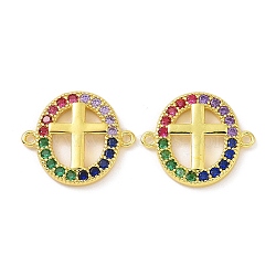 Real 18K Gold Plated Brass Micro Pave Colorful Cubic Zirconia Connector Charms, Religion Oval Links, Cross, 13.5x16x2mm, Hole: 1.1mm(KK-L209-057G-02)