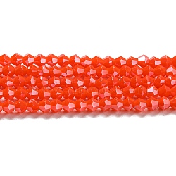 Opaque Solid Color Electroplate Glass Beads Strands, Pearl Luster Plated, Faceted, Bicone, Orange Red, 4x4mm, Hole: 0.8mm, about 82~85pcs/strand, 30.5~31cm(GLAA-F029-P4mm-C03)