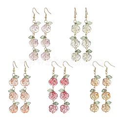 5Pairs 5 Colors Glass Dangle Earrings, with 304 Stainless Steel Earring Hooks, Rose, Mixed Color, 78x13.5mm(EJEW-JE05805)