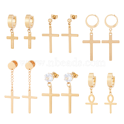 12Pcs 6 Style 304 Stainless Steel Cross Dangle Hoop Earrings, Stud & Leverback Earrings for Women Men, Golden, 32~49mm, Pin: 0.6~1mm, 2Pcs/style(EJEW-AN0003-48)