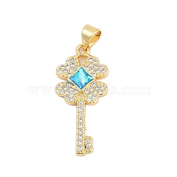 Brass Micro Pave Cubic Zirconia Pendants, Key Charms, with Synthetic Opal, Long-Lasting Plated, Rack Plating, Lead Free & Cadmium Free, Real 18K Gold Plated, Clover, 27.5x12x2.5mm, Hole: 4.5x3mm(KK-I723-49A-G)