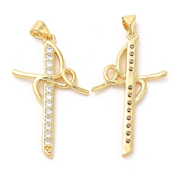 Rack Plating Brass Pendants, with Cubic Zirconia, Sword, Real 16K Gold Plated, 36x20.5x3mm, Hole: 4.5x3mm