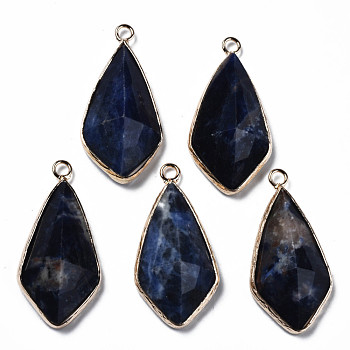 Natural Sodalite Charms, with Golden Plated Brass Edge and Loop, Faceted, Rhombus, 35x17.5x8.5mm, Hole: 2mm